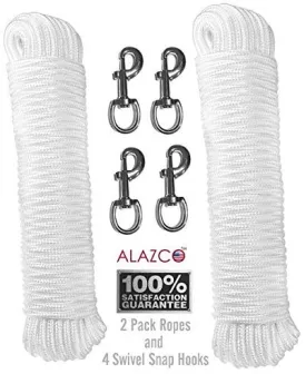 2 ALAZCO 80 ft. Extra Strong Diamond Braid Polypropylene Multi-Purpose Flag Line Rope - Weather Resistant Shock Absorbent Heavy Duty Poly 1/4’’ Thick – They Come with 4pc Swivel Snap Hooks
