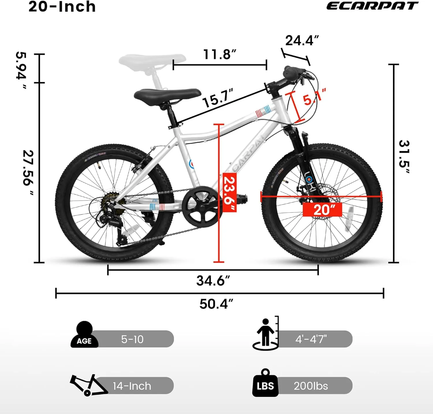 20 Inch Kids' Mountain Bike Ages 5-10, 7-Speed Children's Day Gifts Bicycles for Boys Girls Present, Outdoor Cycling City Bikes