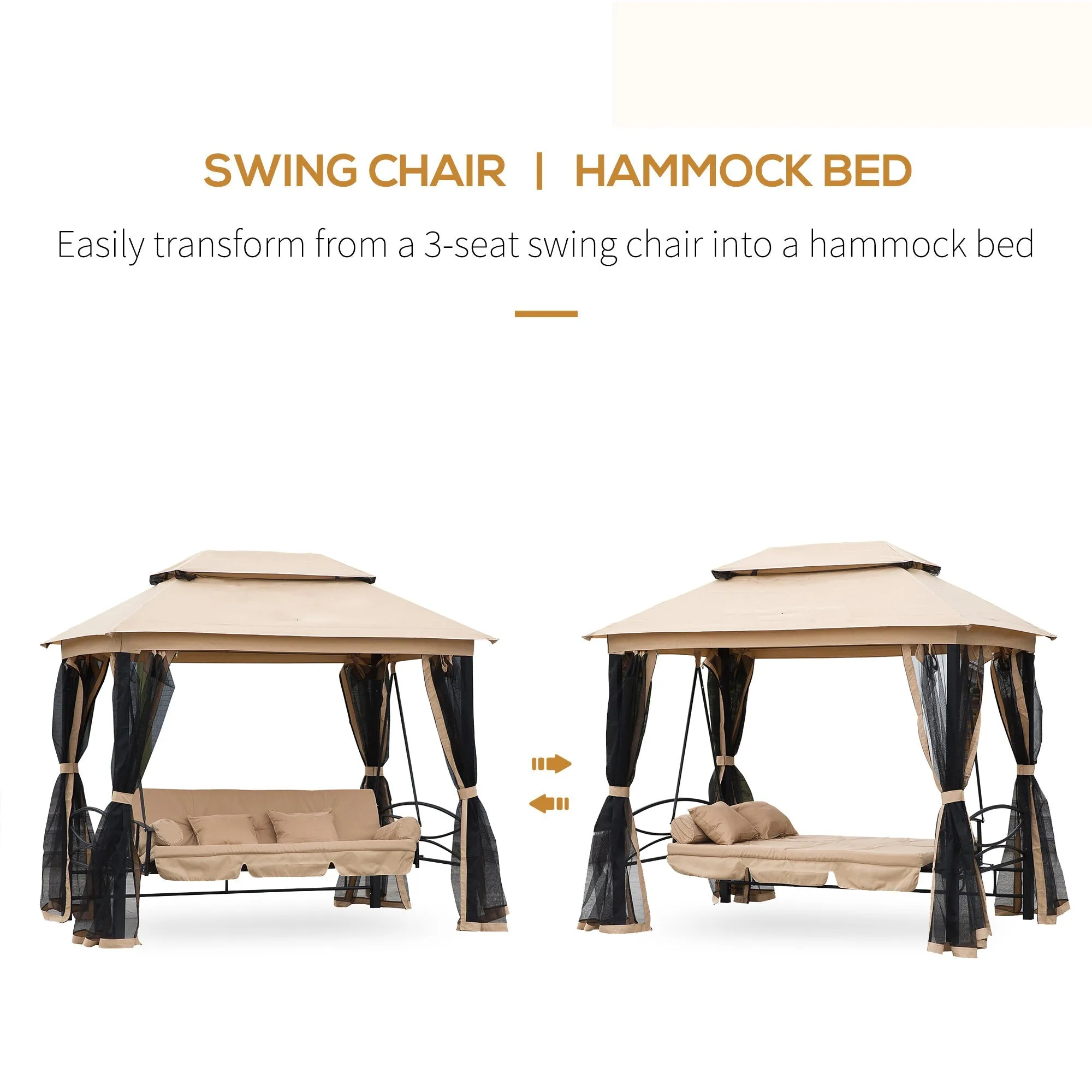 3 Seater Swing Chair 3-in-1 Convertible Garden Swing Seat Bed Gazebo Patio Bench Outdoor with Double Tier Canopy