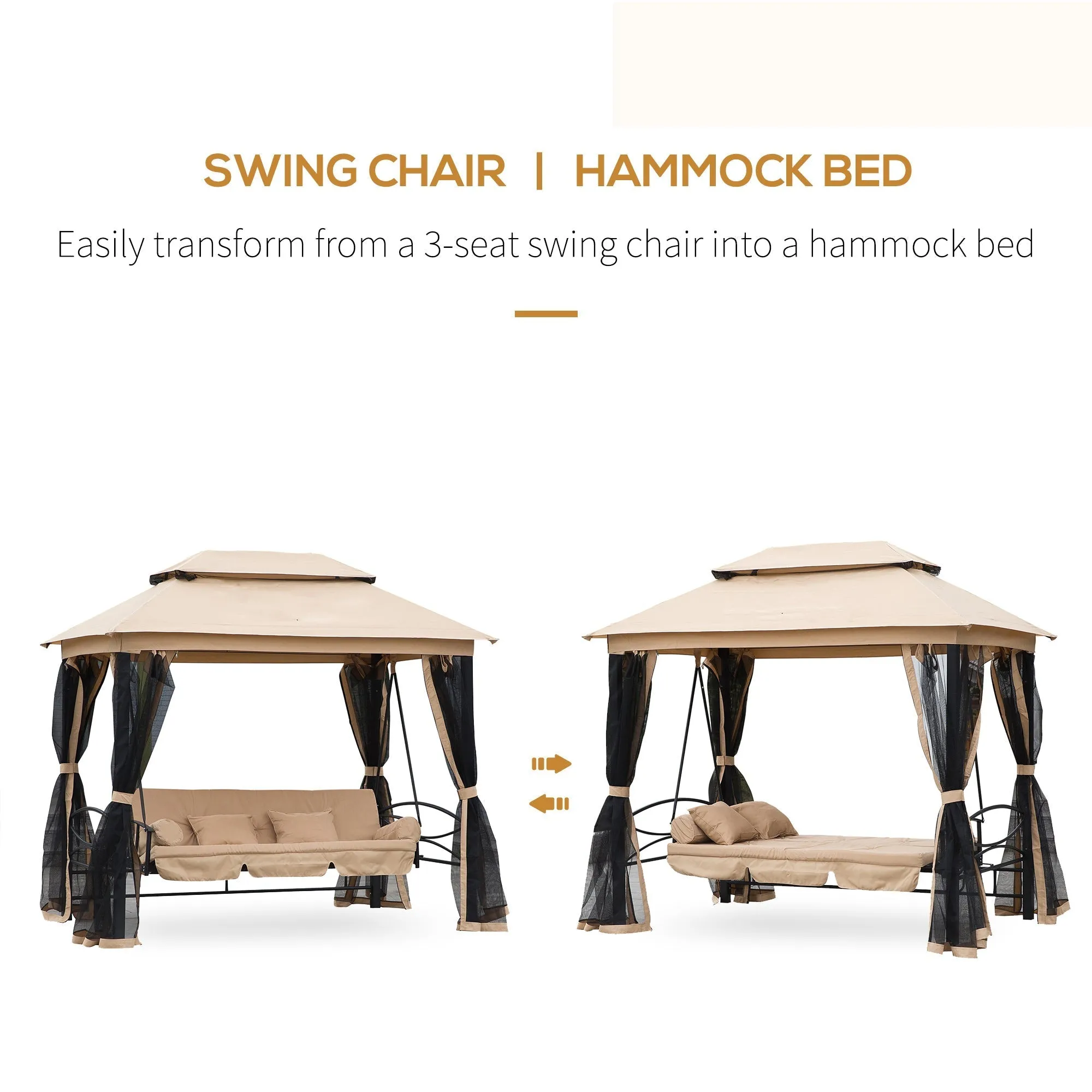 3 Seater Swing Chair 3-in-1 Convertible Garden Swing Seat Bed Gazebo Patio Bench Outdoor with Double Tier Canopy