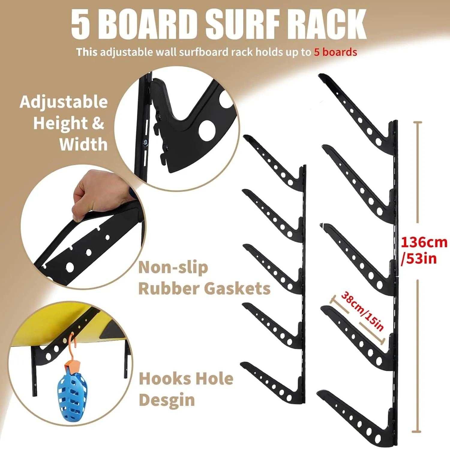 5 Board Surfboard Rack, Adjustable Surf Rack for Surfboard, Wakeboard, Snowboard Storage,Surfboard Wall Mount Display