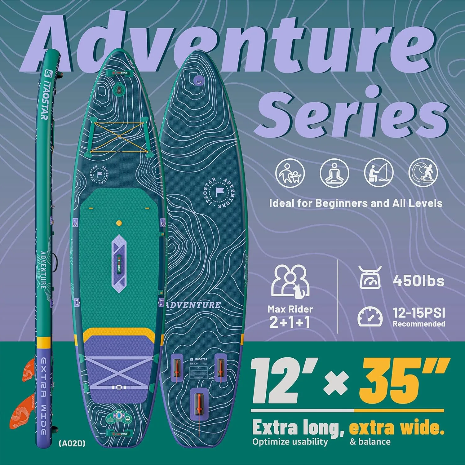 Adventure 1235"/39" Extra Wide Paddle Board, One-Stop Premium SUP Board Accessories, Tailored 5 Fins, Stable Inflatable Stand Up Paddle Boards for Youth/Adults of All Skill Levels