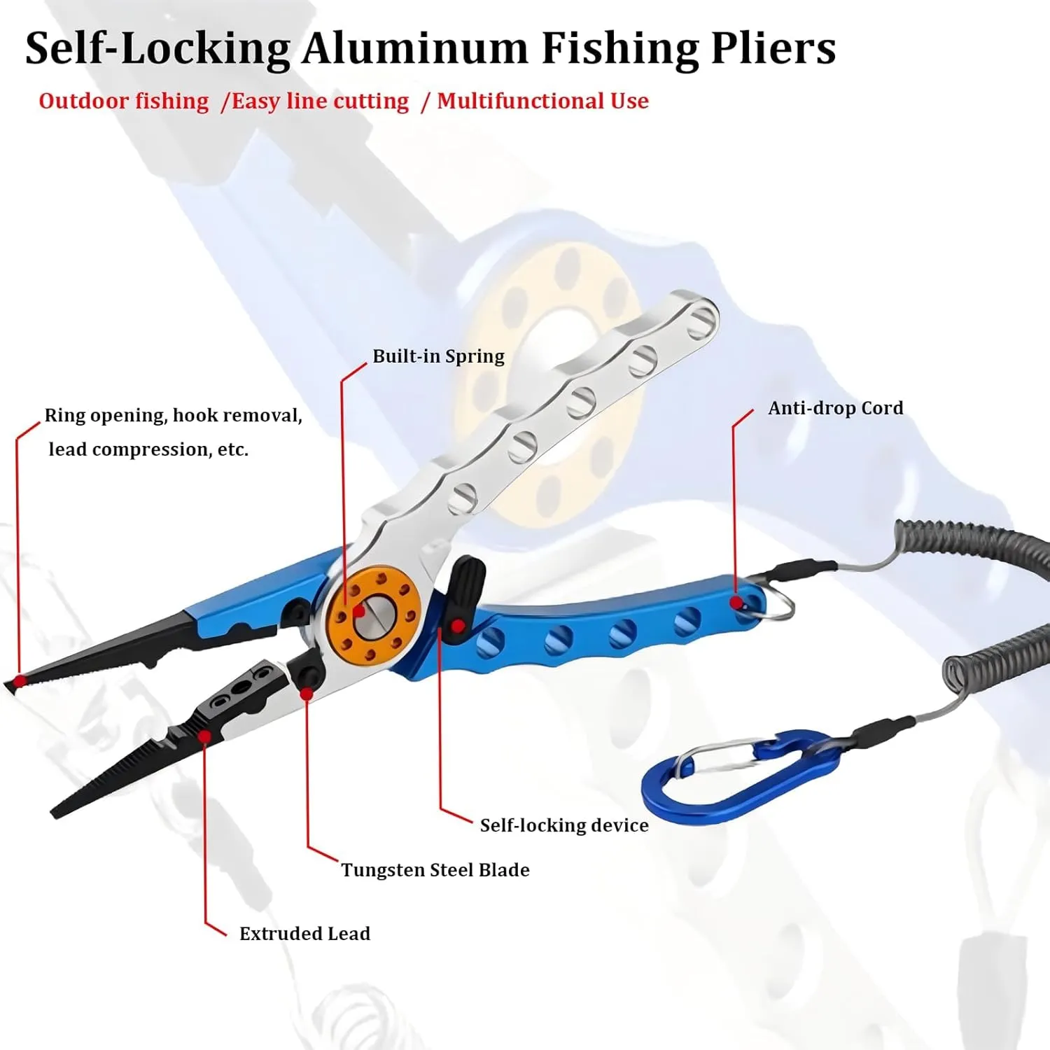 Aluminum Fishing Pliers Saltwater, Fishing Multitool Hook Remover Split Ring Pliers Tools with Sheath and Lanyard Gear for Braided Fishing Line Cutter, Tungsten-Carbide Side Cutters