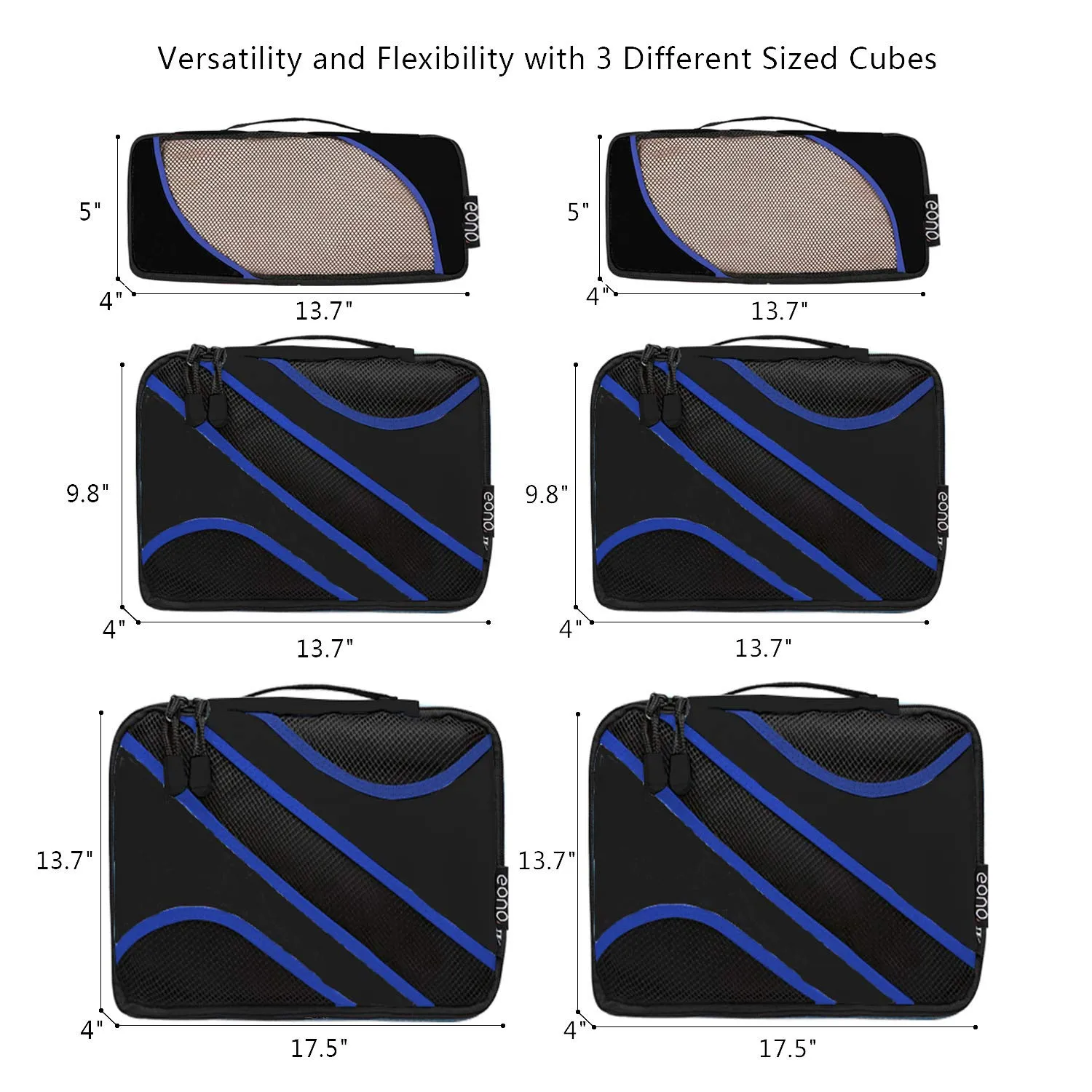 Amazon Brand - Eono Packing Cubes Travel Luggage Organizers Suitcase Organizer Packing Organizers - 6-Set (2L 2M 2Slim), Black Set of 6, Black