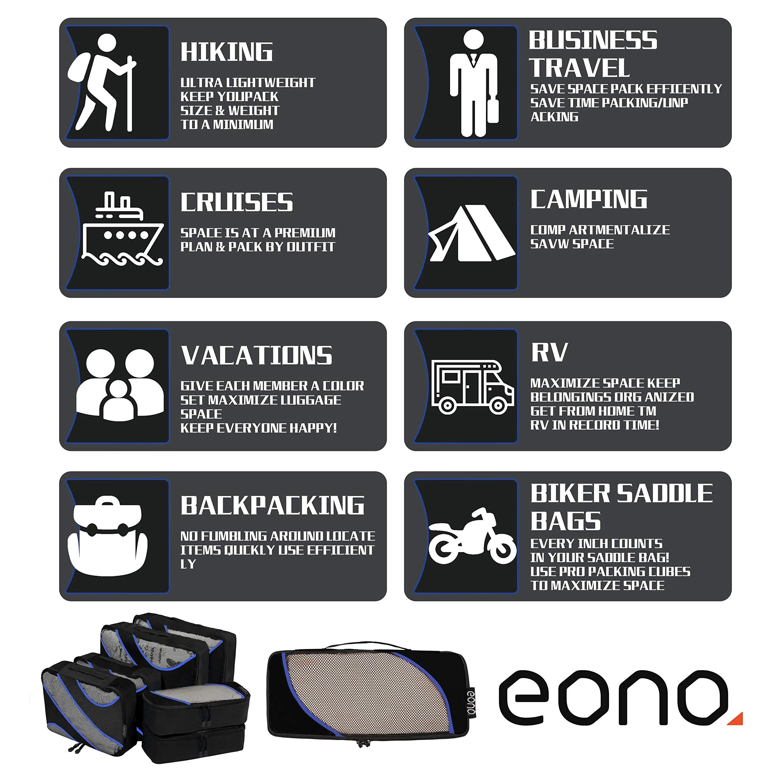 Amazon Brand - Eono Packing Cubes Travel Luggage Organizers Suitcase Organizer Packing Organizers - 6-Set (2L 2M 2Slim), Black Set of 6, Black