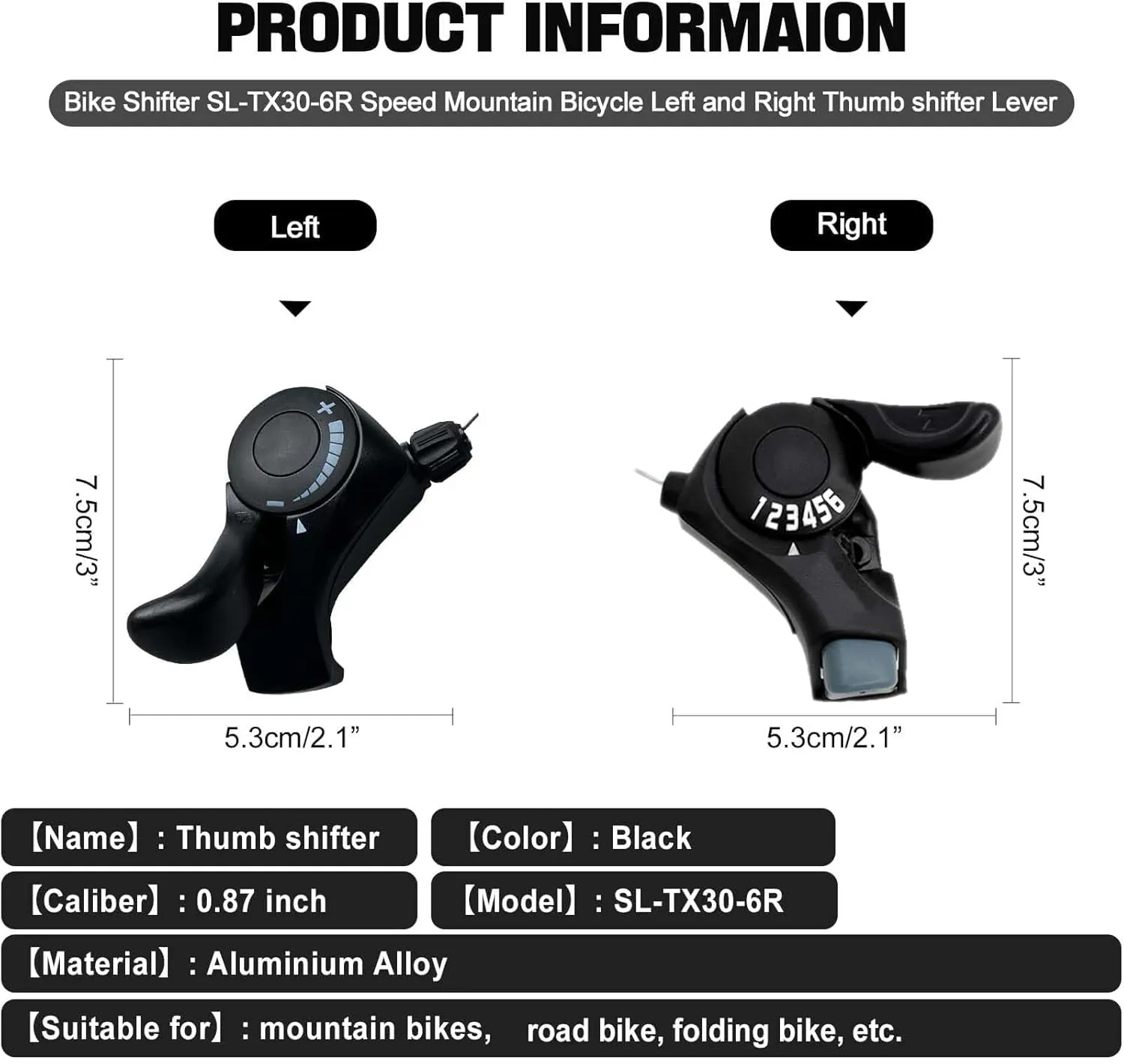 Bike Gear Shifter, SL-TX30-6R Speed Shift Lever and Set, One Pair 3X6 Bike Thumb Gear Shifters for Mountaiity Road Folding Bicycle