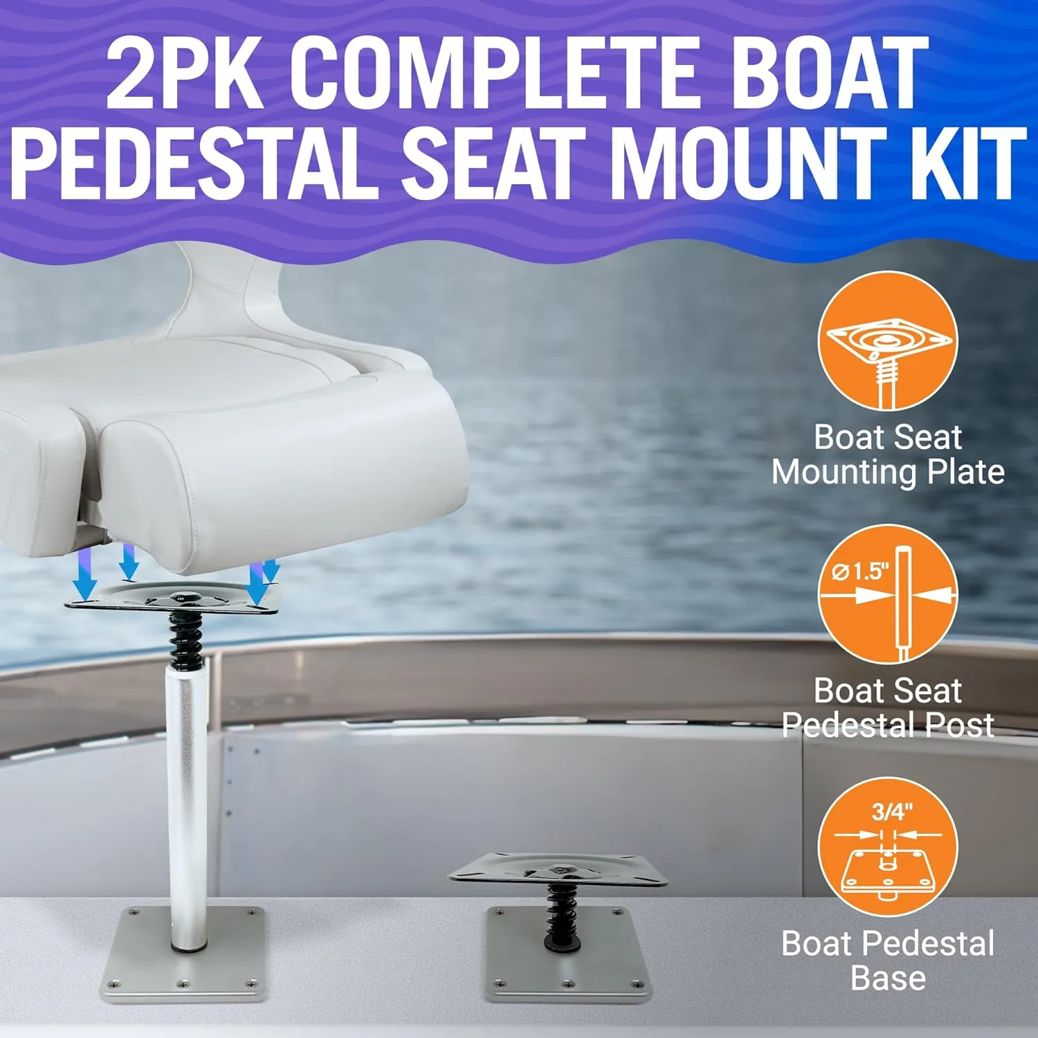 Boat Seat Pedestal Kit 3 Piece Set, Includes Seat Mount, Pedestal Pole & Swivel Base Plate for Fishing, Jon, and Bass Boats