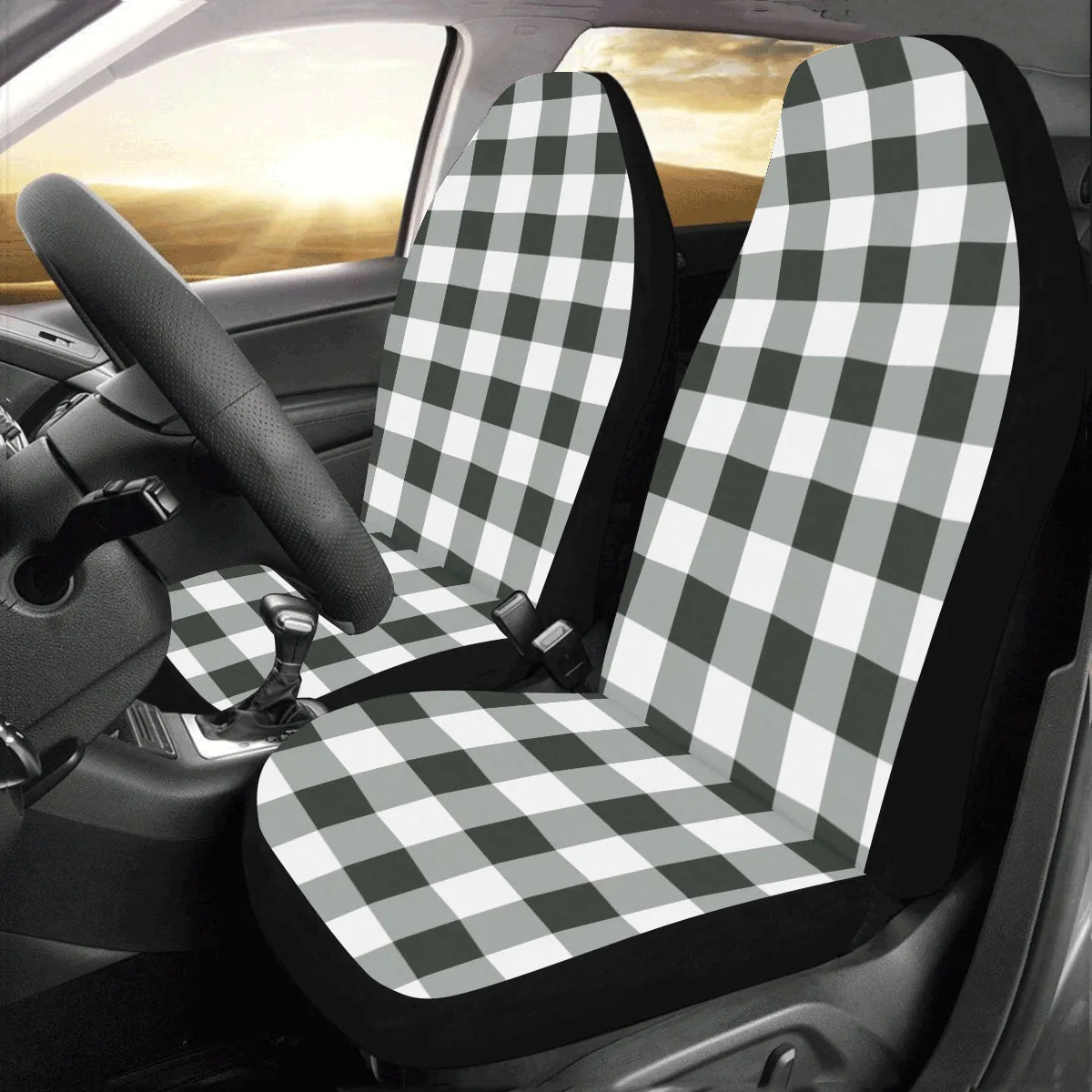 Buffalo Plaid Car Seat Covers 2 pc, Black and White Check Lumberjack Front Seat Covers, Car SUV Seat Protector Accessory