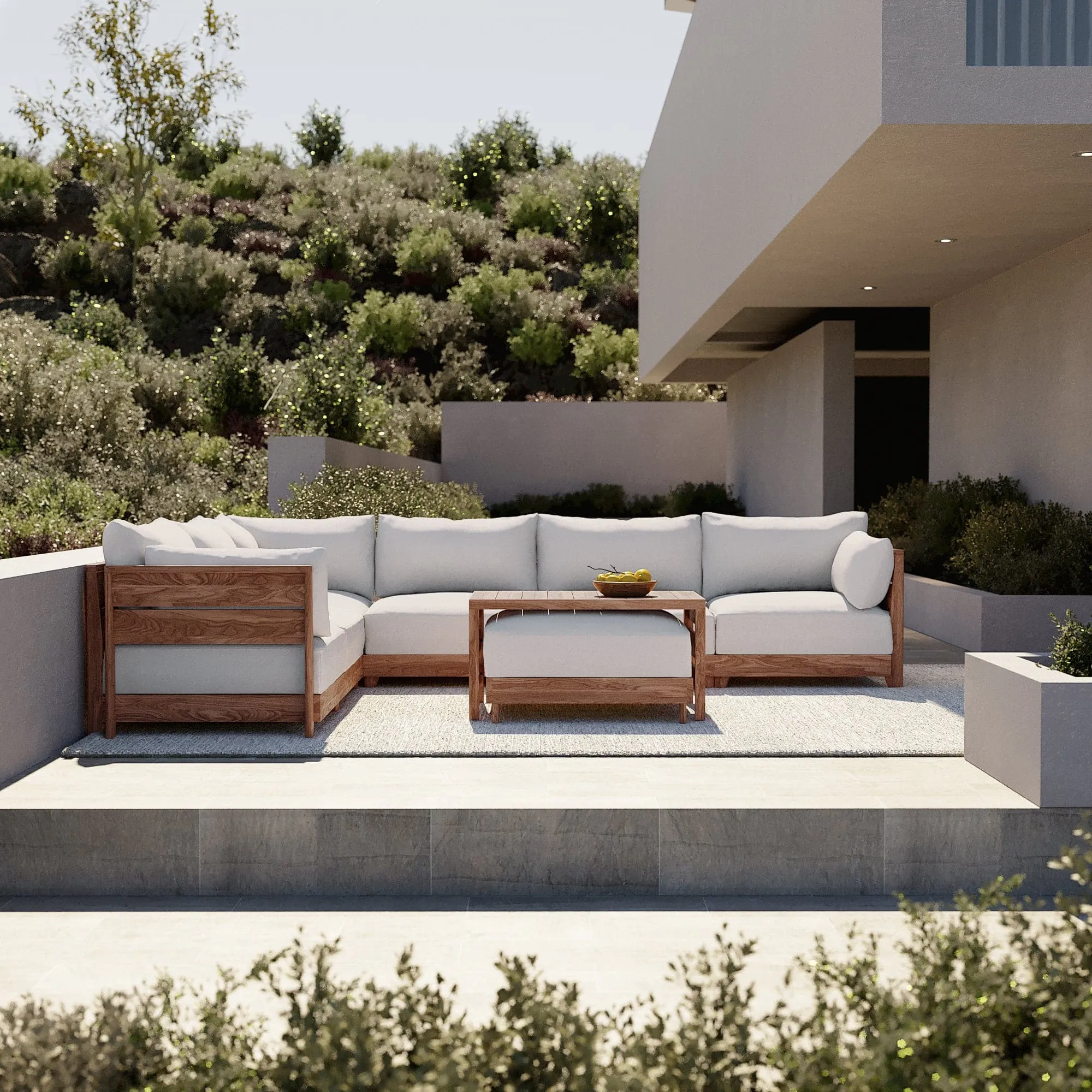 Dwell™ Modular Teak Outdoor 6-Seater L-Sectional | Classic Canvas in Cloud