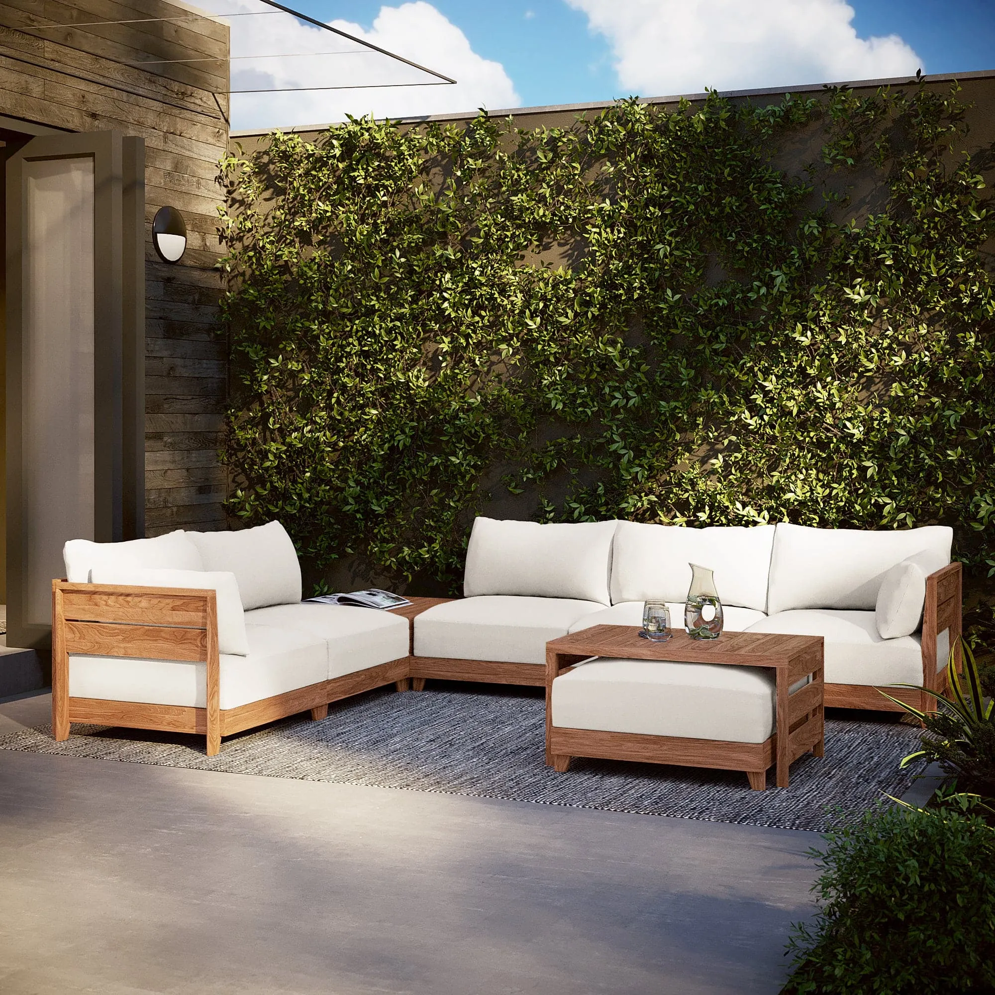 Dwell™ Modular Teak Outdoor 6-Seater L-Sectional | Classic Canvas in Cloud