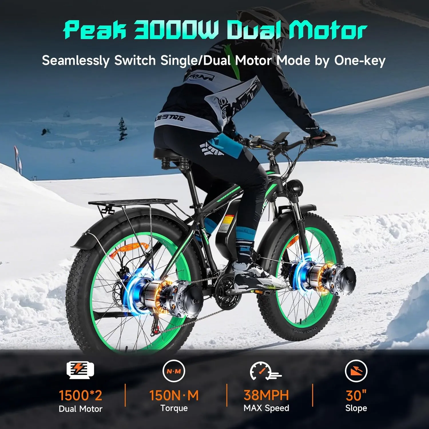 Electric Bike for Adults,Peak 3000W AWD Dual Motor Ebike,38MPH 55Miles 48V 23AH Removable Battery Electric Mountain Bike,26''*4" Fat Tire E-Bike with Front Suspension