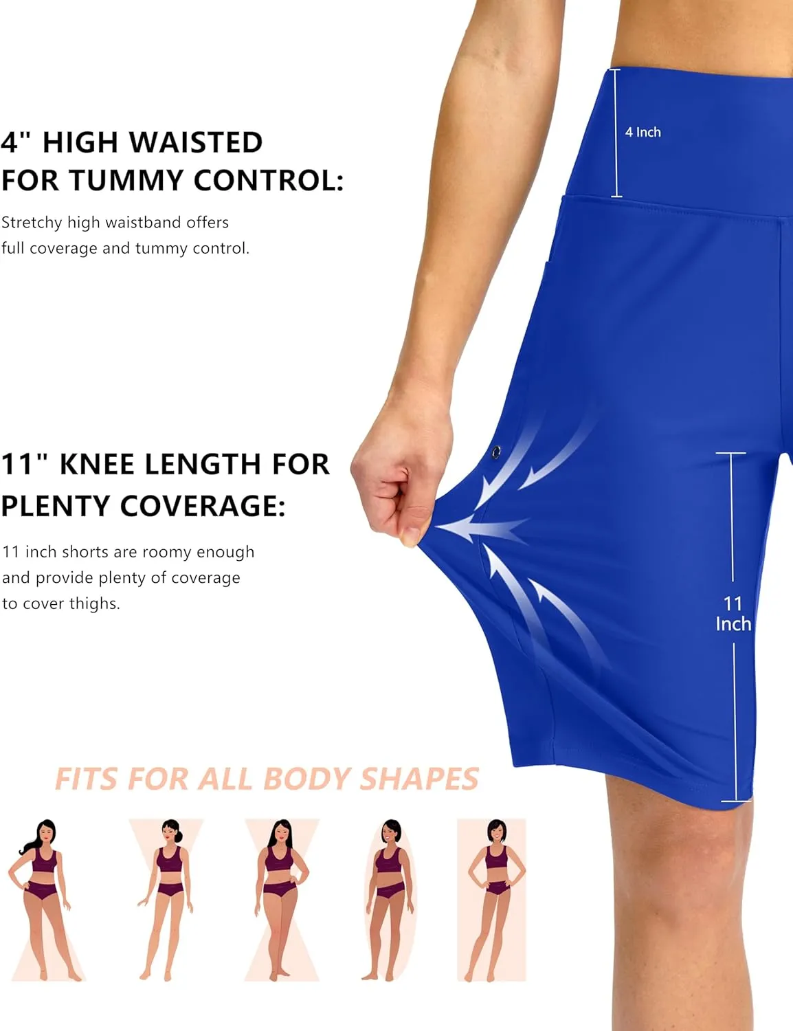 G Gradual Women's 11" Long Swim Board Shorts High Waisted Knee Length Beach Swimming Shorts for Women with Pockets Liner