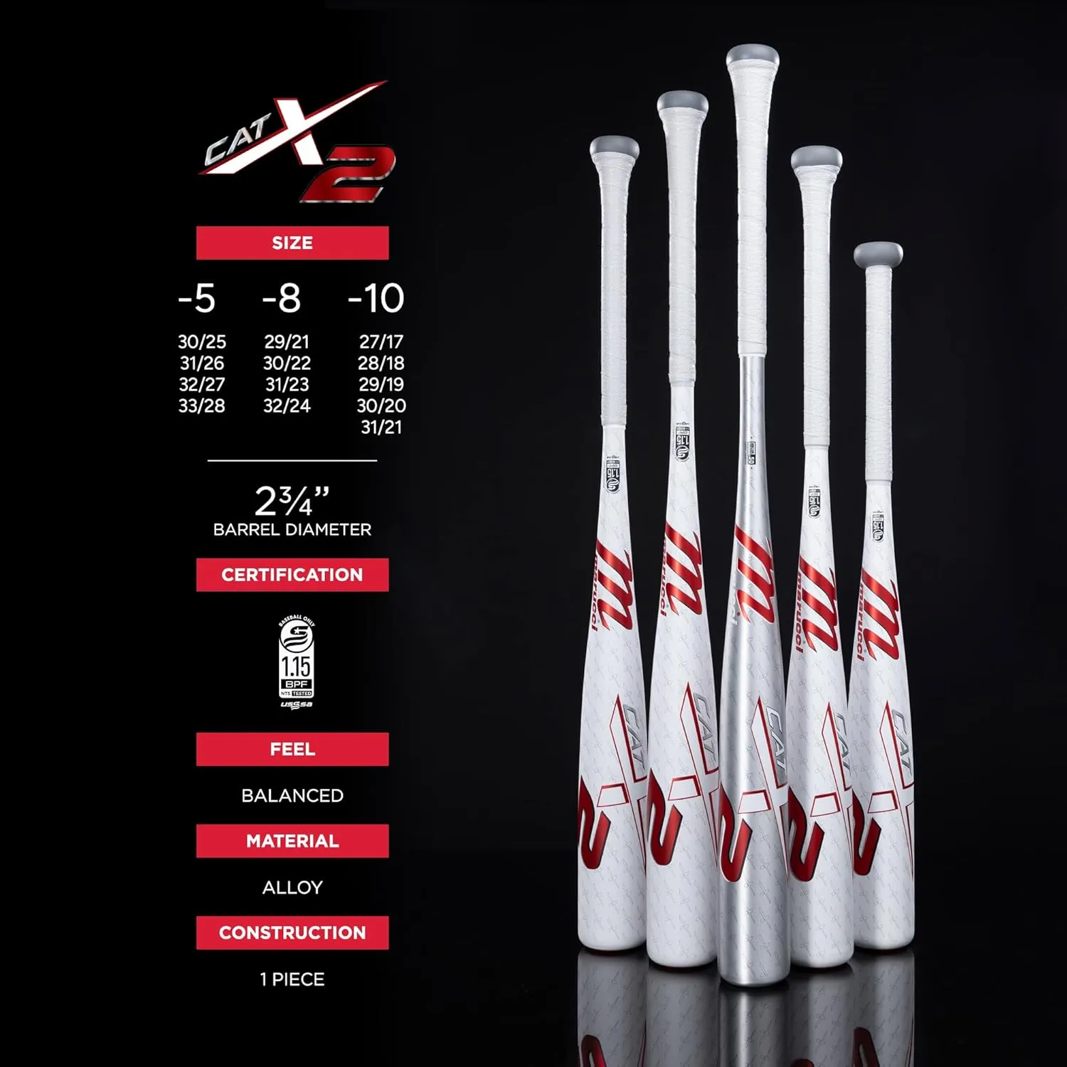 Marucci CATX2 Senior League Bat, 2 3/4" Barrel, -5, -8, -10 Drop, USSSA, Balanced