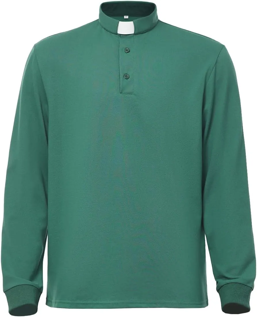Men's Clergy Tab Collar Polo Shirt Long Sleeve Pastor Minister Preacher Shirt Priest Tops