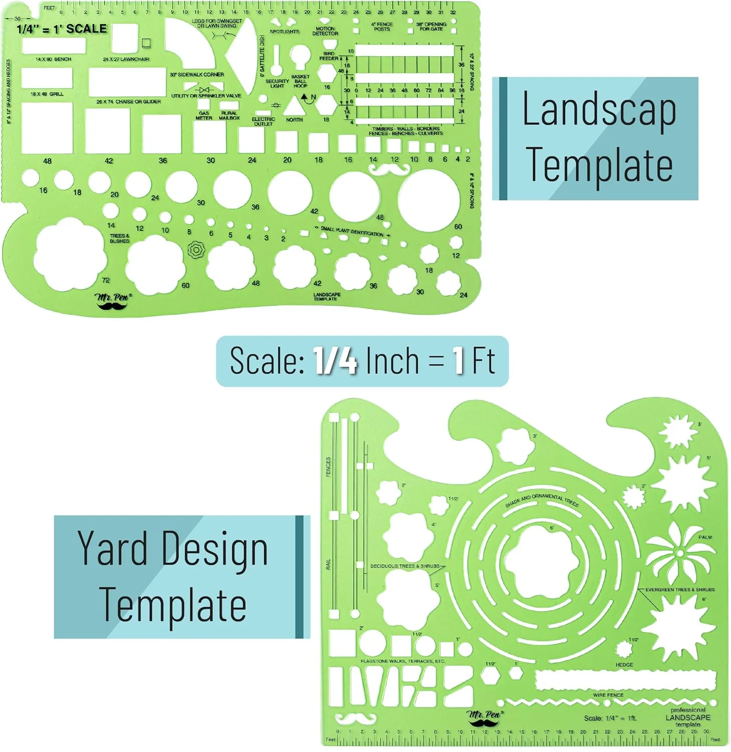 Mr. Pen- Landscape Templates, 2pcs, Green Architectural Templates, Drafting Tools, Landscaping Tools, Landscape Design Template, Drafting Ruler Shapes, Stencils for Drawing Stencils, Landscape Tools