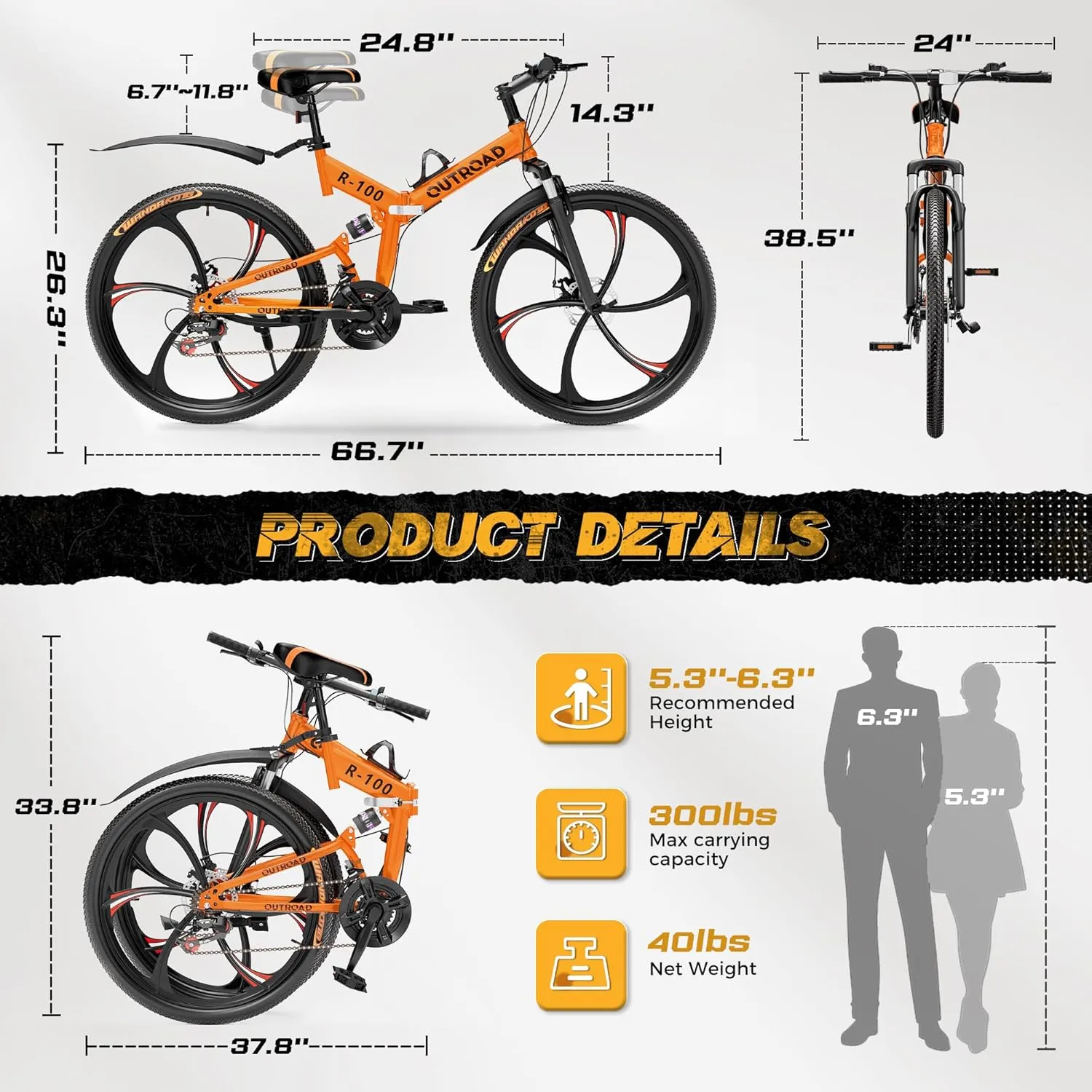 Outroad Folding Mountain Bike Foldable/Unfoldable Bike 26 Inch for Adult, 21-Speed Dual Suspension High-Carbon Steel MTB Foldable Bicycle, Dual Disc Brake Folding Bikes for Women and Men