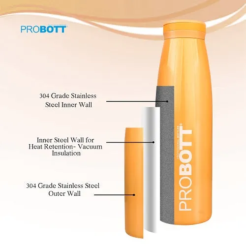 Probott Aquatic 750ml Vacuum Insulated Flask Bottle, Stainless Steel Hot and Cold Water Bottles, Orange