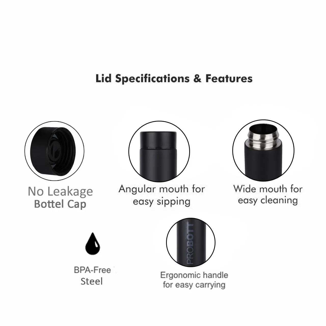 PROBOTT Compact 250ml Thermosteel Vacuum Flask, Stainless Steel Water Bottle - Black