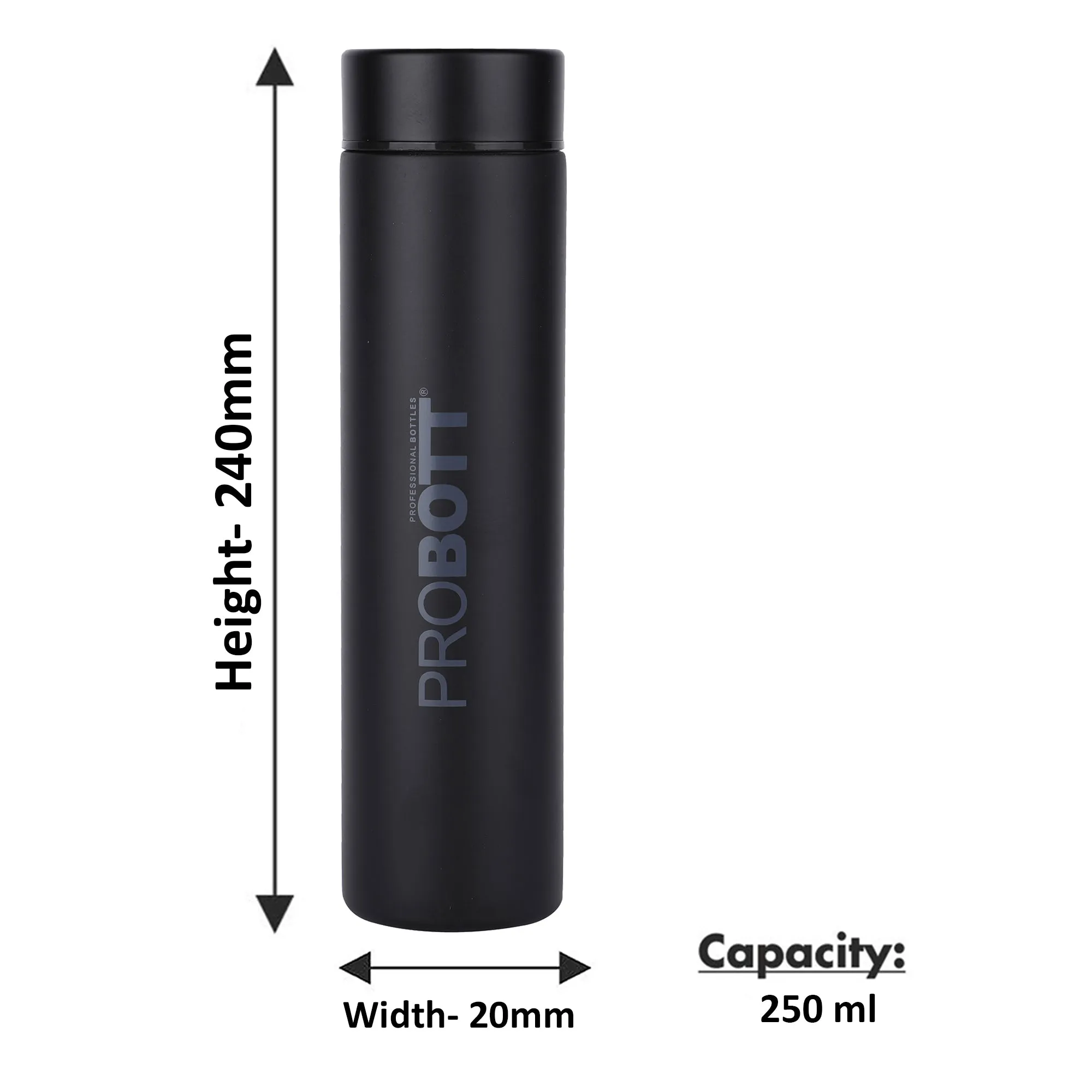 PROBOTT Compact 250ml Thermosteel Vacuum Flask, Stainless Steel Water Bottle - Black