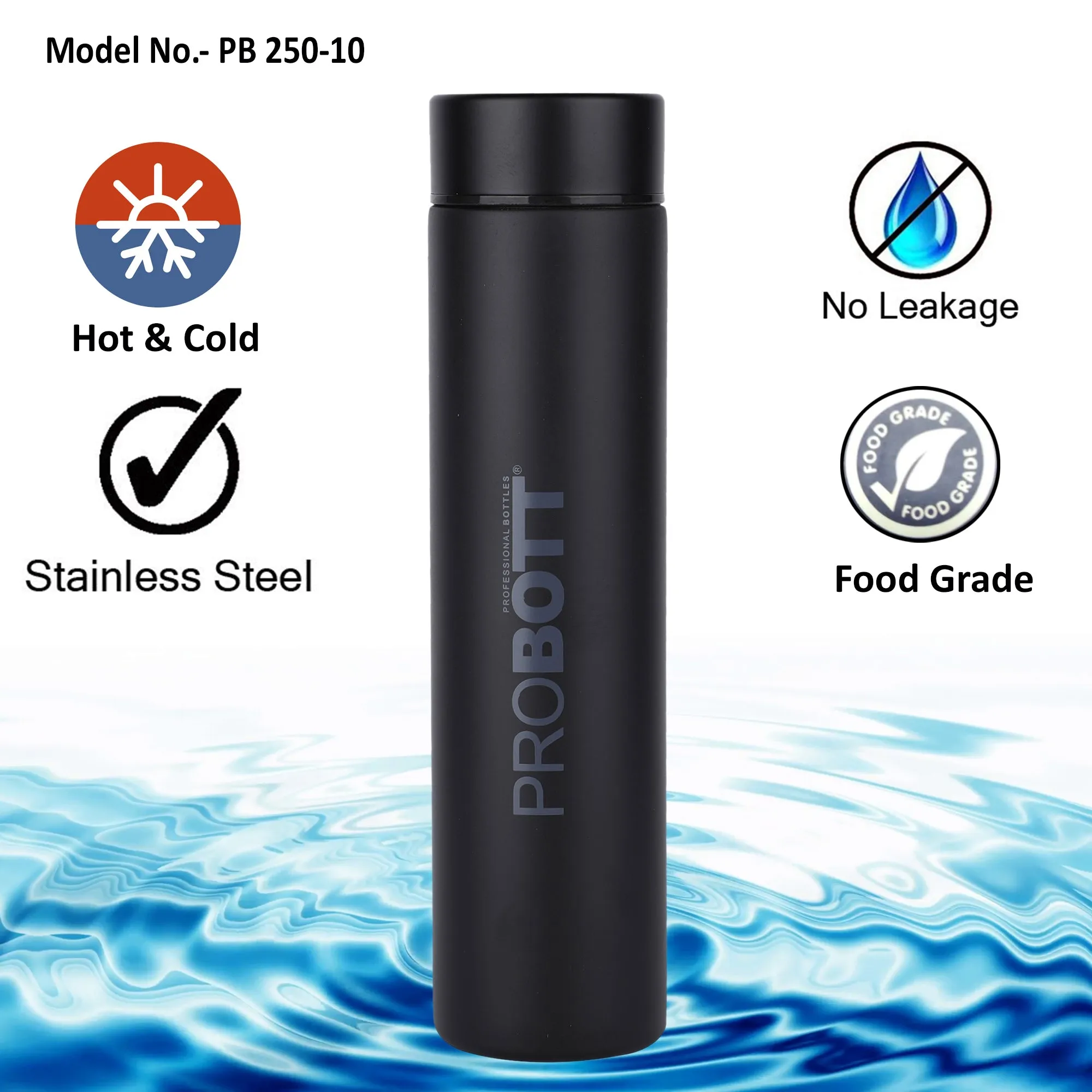 PROBOTT Compact 250ml Thermosteel Vacuum Flask, Stainless Steel Water Bottle - Black