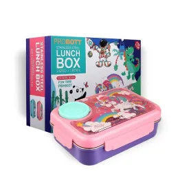 PROBOTT Fun Time 750ml Stainless Steel Lunch Box, 3 Grid with 80ml Bowl, 1 Spoon, 1 Fork Tiffin Box, Character Lid Made with Heavy Quality PP Material Perfect for School, Office Use | Pink   Purple
