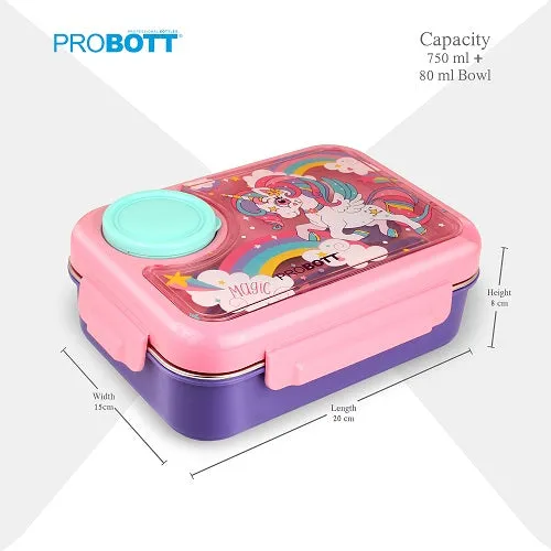 PROBOTT Fun Time 750ml Stainless Steel Lunch Box, 3 Grid with 80ml Bowl, 1 Spoon, 1 Fork Tiffin Box, Character Lid Made with Heavy Quality PP Material Perfect for School, Office Use | Pink   Purple