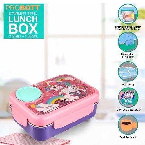 PROBOTT Fun Time 750ml Stainless Steel Lunch Box, 3 Grid with 80ml Bowl, 1 Spoon, 1 Fork Tiffin Box, Character Lid Made with Heavy Quality PP Material Perfect for School, Office Use | Pink   Purple