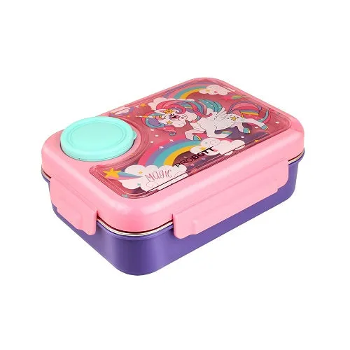 PROBOTT Fun Time 750ml Stainless Steel Lunch Box, 3 Grid with 80ml Bowl, 1 Spoon, 1 Fork Tiffin Box, Character Lid Made with Heavy Quality PP Material Perfect for School, Office Use | Pink   Purple