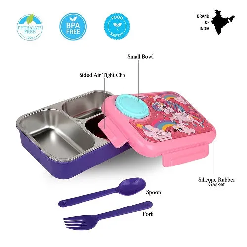 PROBOTT Fun Time 750ml Stainless Steel Lunch Box, 3 Grid with 80ml Bowl, 1 Spoon, 1 Fork Tiffin Box, Character Lid Made with Heavy Quality PP Material Perfect for School, Office Use | Pink   Purple