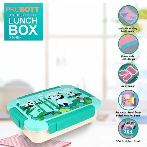 PROBOTT Lunch On 710ml Stainless Steel Lunch Box, 3 Grid Tiffin Box, Character Lid Made with Heavy Quality PP Material Perfect for School, Office Use | Aqua Blue Cream