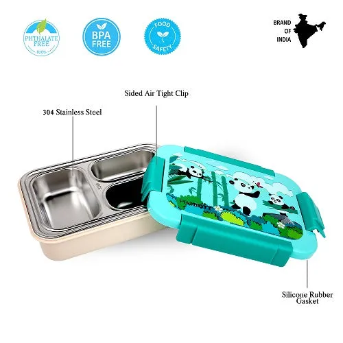 PROBOTT Lunch On 710ml Stainless Steel Lunch Box, 3 Grid Tiffin Box, Character Lid Made with Heavy Quality PP Material Perfect for School, Office Use | Aqua Blue Cream