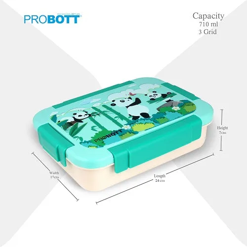 PROBOTT Lunch On 710ml Stainless Steel Lunch Box, 3 Grid Tiffin Box, Character Lid Made with Heavy Quality PP Material Perfect for School, Office Use | Aqua Blue Cream