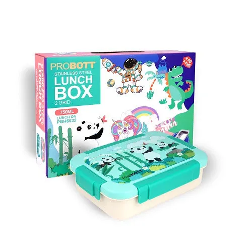 PROBOTT Lunch On 750ml Stainless Steel Lunch Box, 2 Grid Tiffin Box, Character Lid Made with Heavy Quality PP Material Perfect for School, Office Use | Aqua Blue Cream