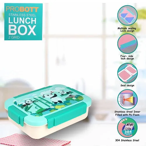 PROBOTT Lunch On 750ml Stainless Steel Lunch Box, 2 Grid Tiffin Box, Character Lid Made with Heavy Quality PP Material Perfect for School, Office Use | Aqua Blue Cream