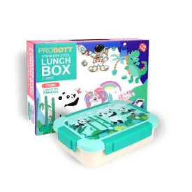PROBOTT Lunch On 750ml Stainless Steel Lunch Box, 2 Grid Tiffin Box, Character Lid Made with Heavy Quality PP Material Perfect for School, Office Use | Aqua Blue Cream