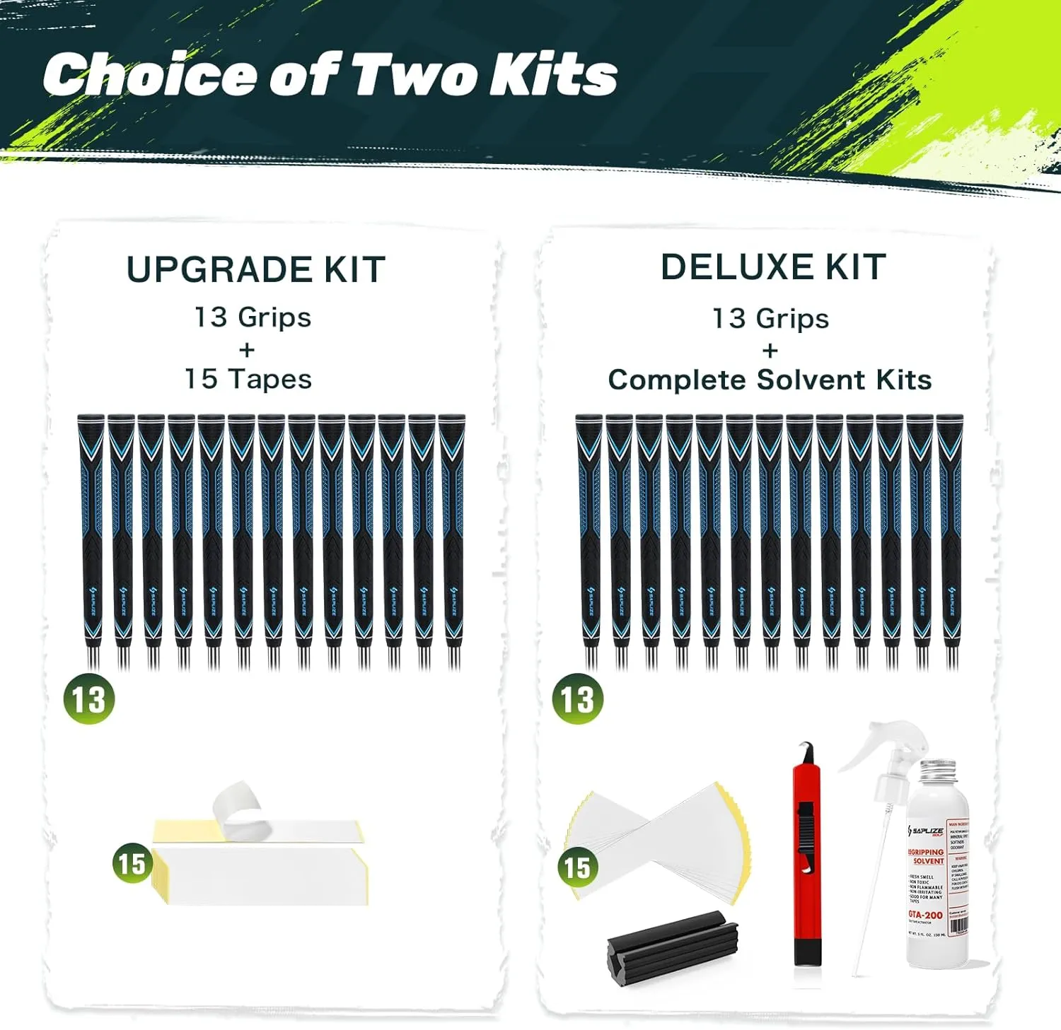 SAPLIZE High-performance Rubber Golf Grips 13 Pack, High Shock Absorption, Non-slip, Choose from 13 Grips with 15 Tapes or Full Kits, Available in Standard/Mid/Jumbo Sizes, CC10 Series