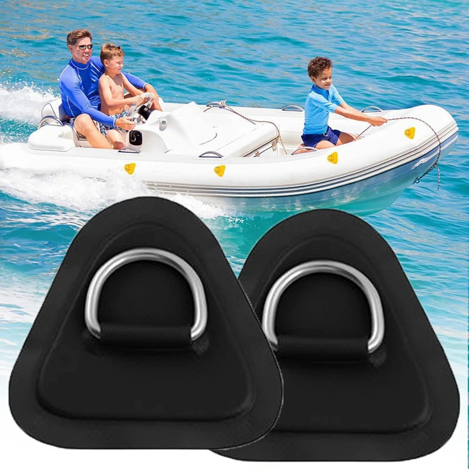 Stainless Steel D-Ring Pad PVC Triangle Patch with 8.2ft Bungee Cord and 6pcs Hooks for Inflatable Boat Sup Kayak Canoe Deck Surfboard Raft Stand Up Paddle Board (6pcs- Black)