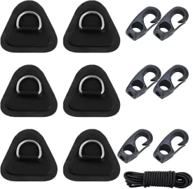 Stainless Steel D-Ring Pad PVC Triangle Patch with 8.2ft Bungee Cord and 6pcs Hooks for Inflatable Boat Sup Kayak Canoe Deck Surfboard Raft Stand Up Paddle Board (6pcs- Black)