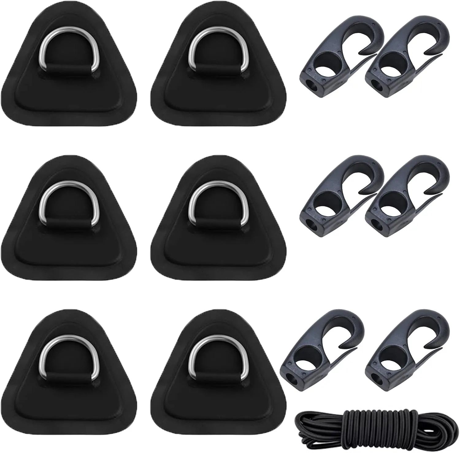Stainless Steel D-Ring Pad PVC Triangle Patch with 8.2ft Bungee Cord and 6pcs Hooks for Inflatable Boat Sup Kayak Canoe Deck Surfboard Raft Stand Up Paddle Board (6pcs- Black)
