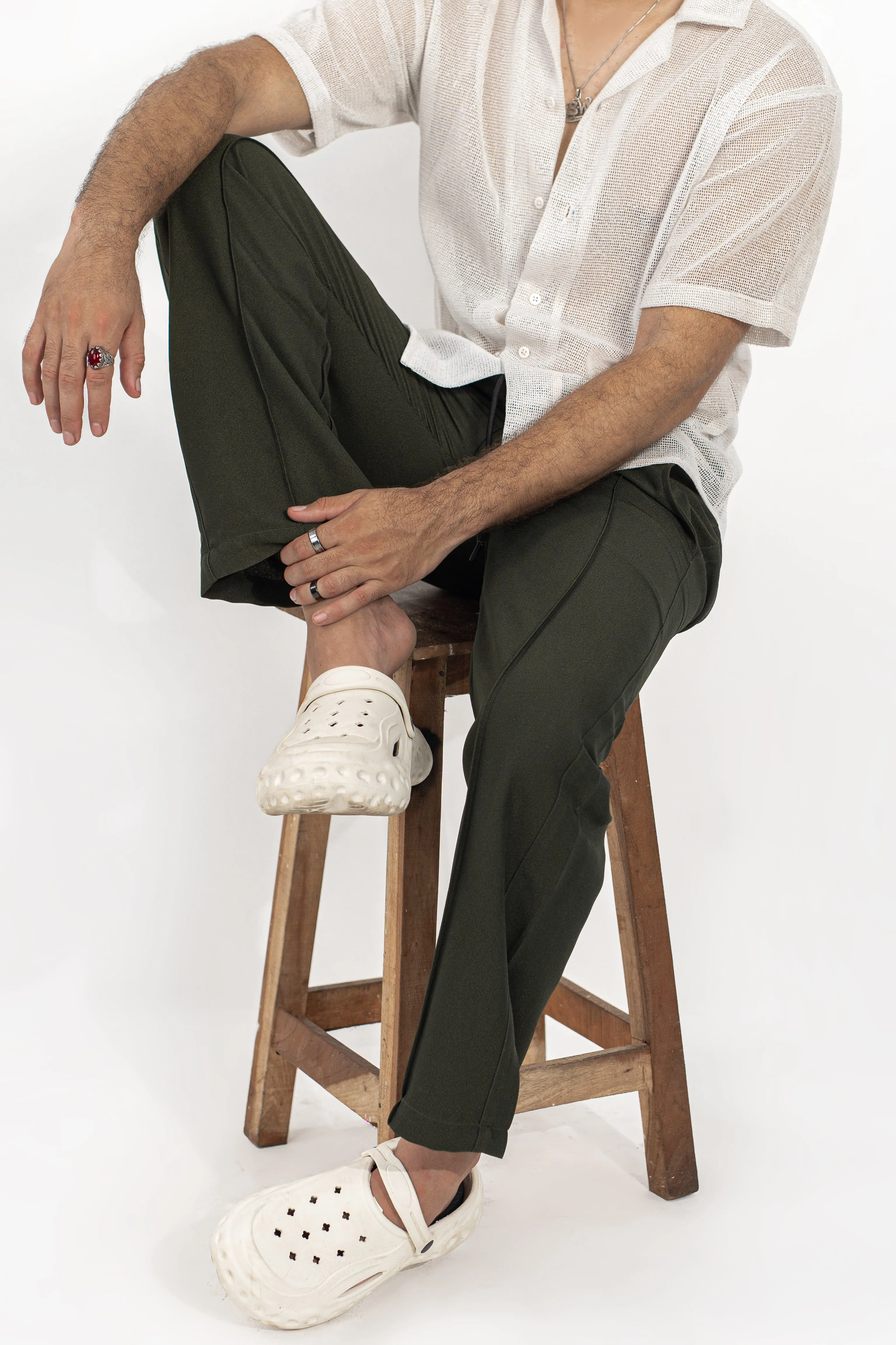 Textured Olive Green Pintex Pants