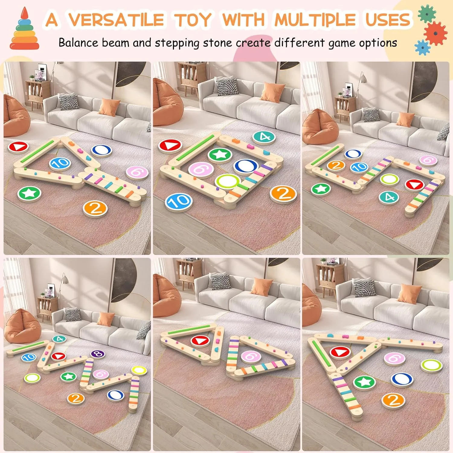 Toddler Balance Beam, Wooden Balance Board Indoor or Outdoor Play, Montessori Activity Toys with Stepping Stones - Safe and Creative Active Play for Kids