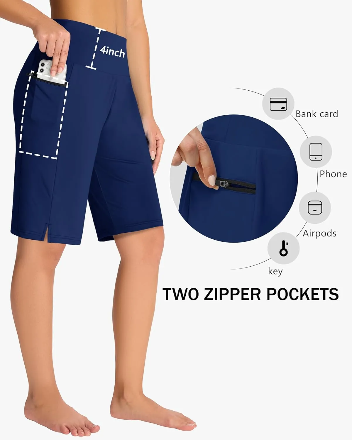 Women's 11" Long Swim Board Shorts - High Waisted Quick Dry Beach Swimming Shorts with Zipper Pocket Liner UPF50 