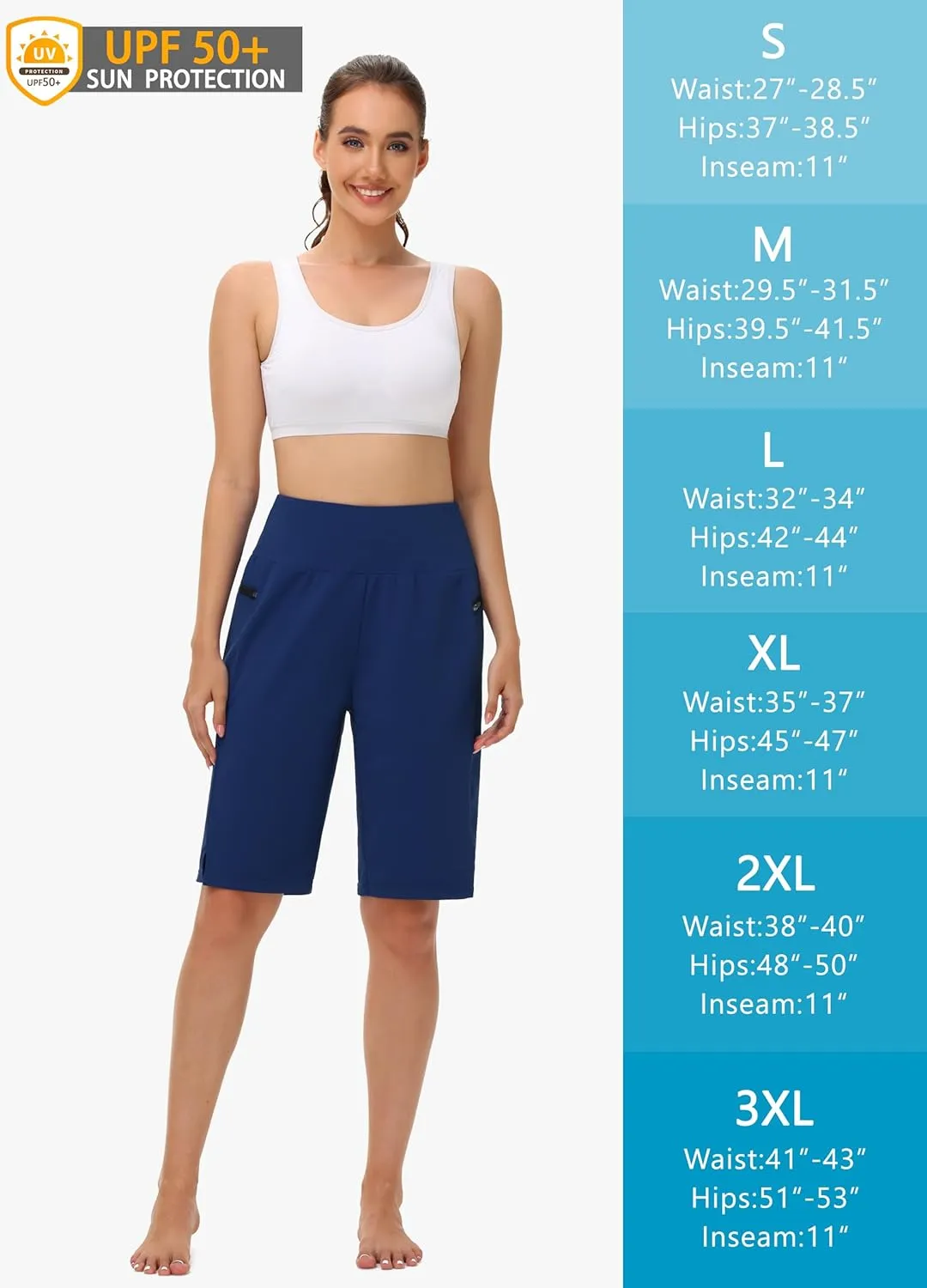 Women's 11" Long Swim Board Shorts - High Waisted Quick Dry Beach Swimming Shorts with Zipper Pocket Liner UPF50 