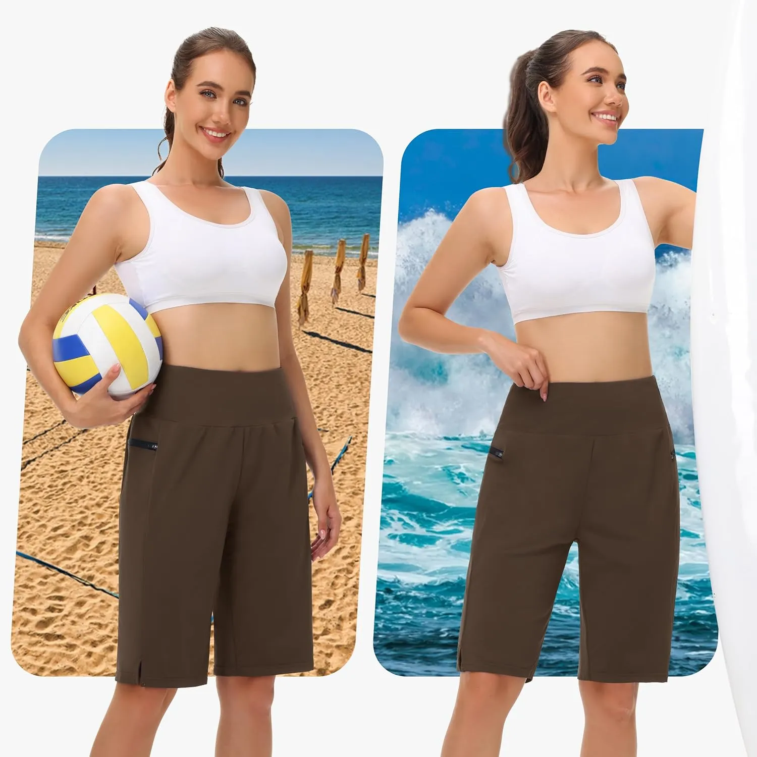 Women's 11" Long Swim Board Shorts - High Waisted Quick Dry Beach Swimming Shorts with Zipper Pocket Liner UPF50 