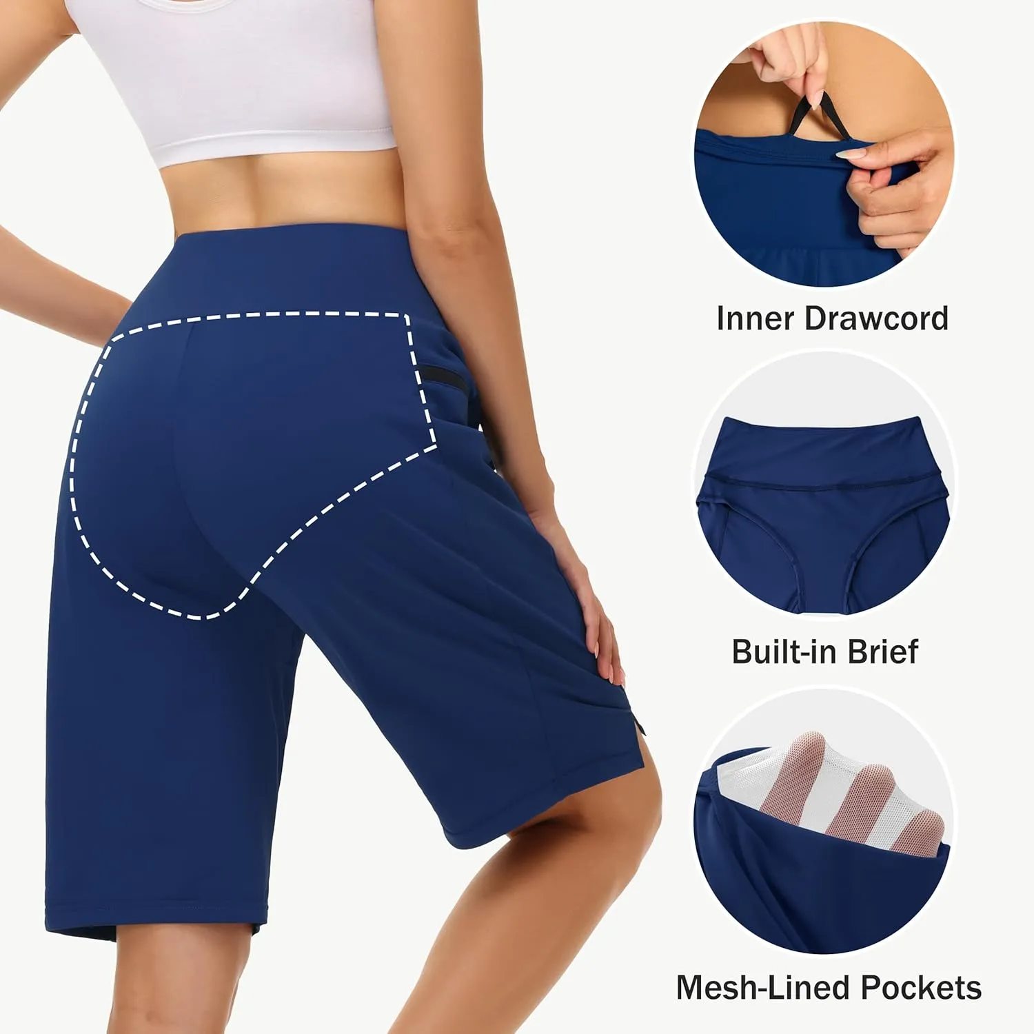 Women's 11" Long Swim Board Shorts - High Waisted Quick Dry Beach Swimming Shorts with Zipper Pocket Liner UPF50 