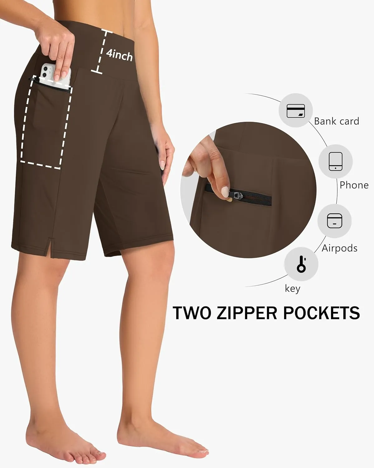 Women's 11" Long Swim Board Shorts - High Waisted Quick Dry Beach Swimming Shorts with Zipper Pocket Liner UPF50 