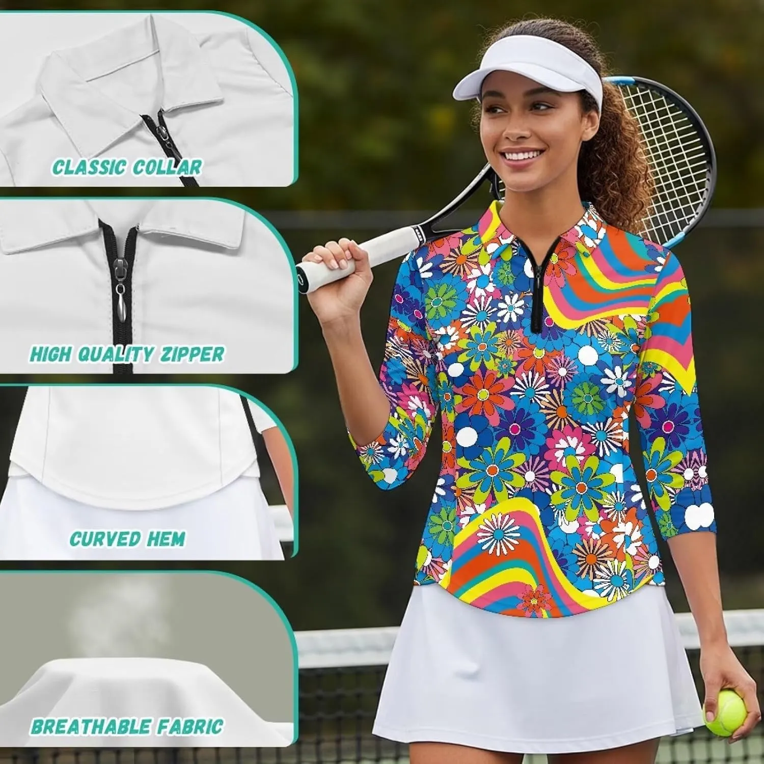 Women's Golf Polo Shirts 3/4 Sleeve Collared V Neck Tennis Shirt Summer Quick Dry Moisture Wicking 1/4 Zip Golf Top