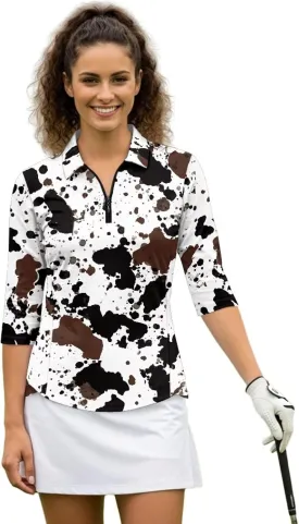Women's Golf Polo Shirts 3/4 Sleeve Collared V Neck Tennis Shirt Summer Quick Dry Moisture Wicking 1/4 Zip Golf Top