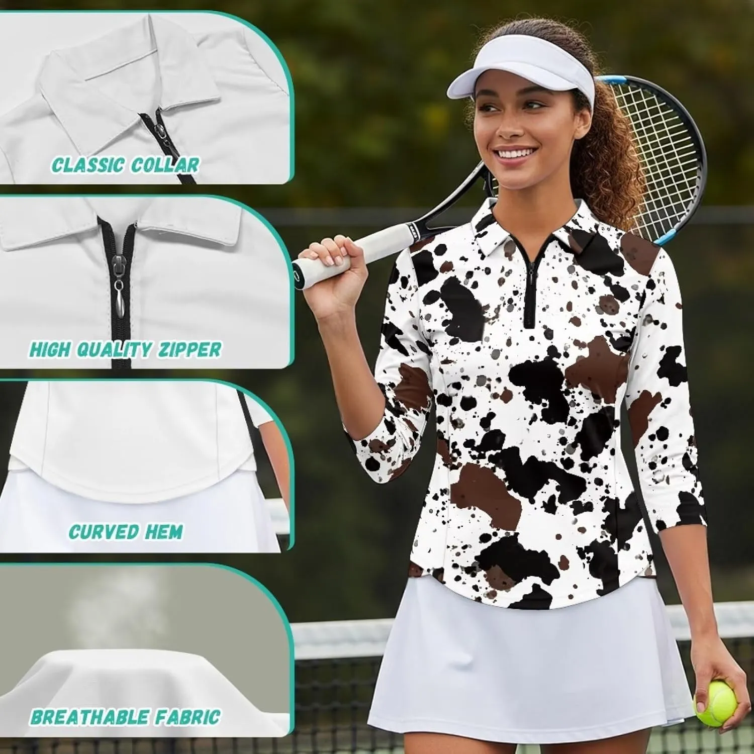 Women's Golf Polo Shirts 3/4 Sleeve Collared V Neck Tennis Shirt Summer Quick Dry Moisture Wicking 1/4 Zip Golf Top